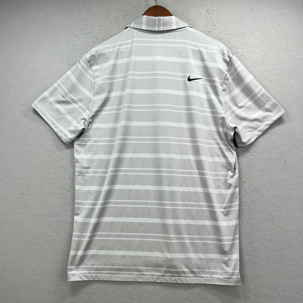 Nike Polo Shirt Mens Large Grey White Striped Dri-FIT Golf Performance Active